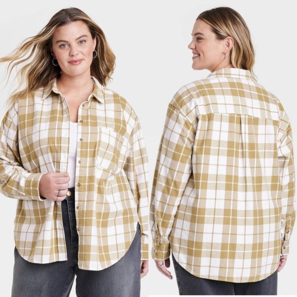 Universal Thread Tops - Universal Thread Olive Green Plaid Oversized Flannel Button Down Shirt Size M